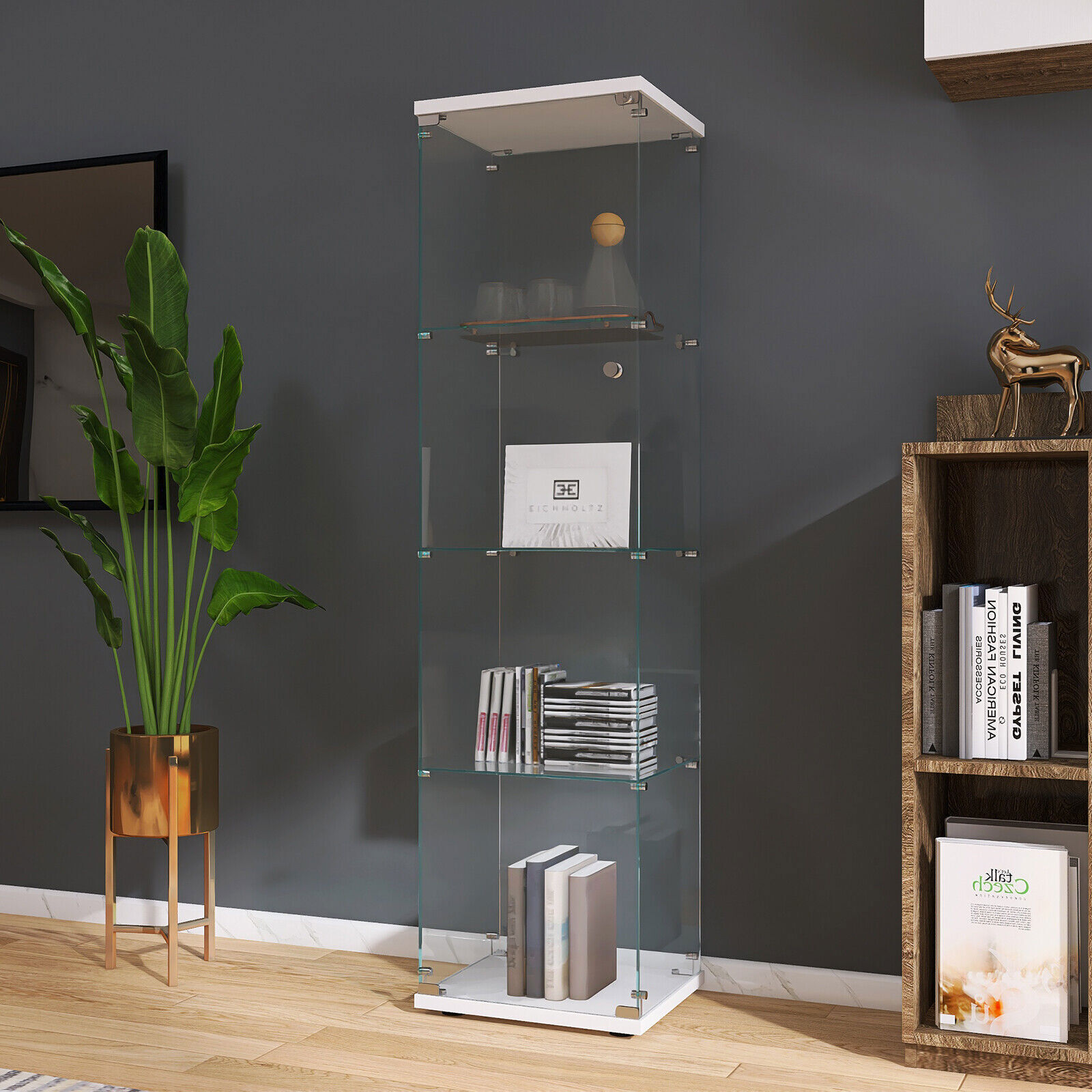 NEW Glass Display Cabinet Floor Standing w/Door4 Display Shelves Curio Bookshelf