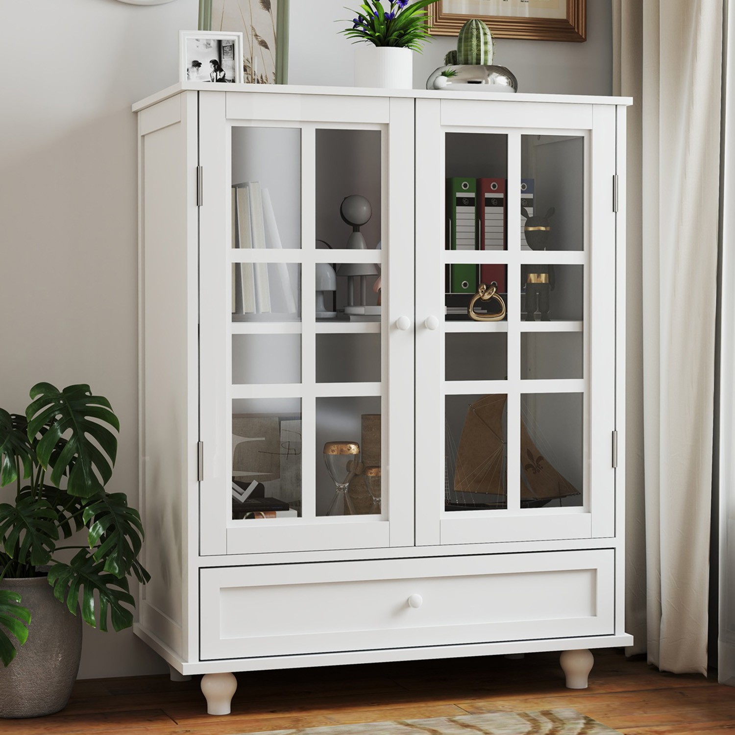 Buffet Cabinet w/ Glass Doors Adjustable Shelve Modern Storage Sideboard Cabinet