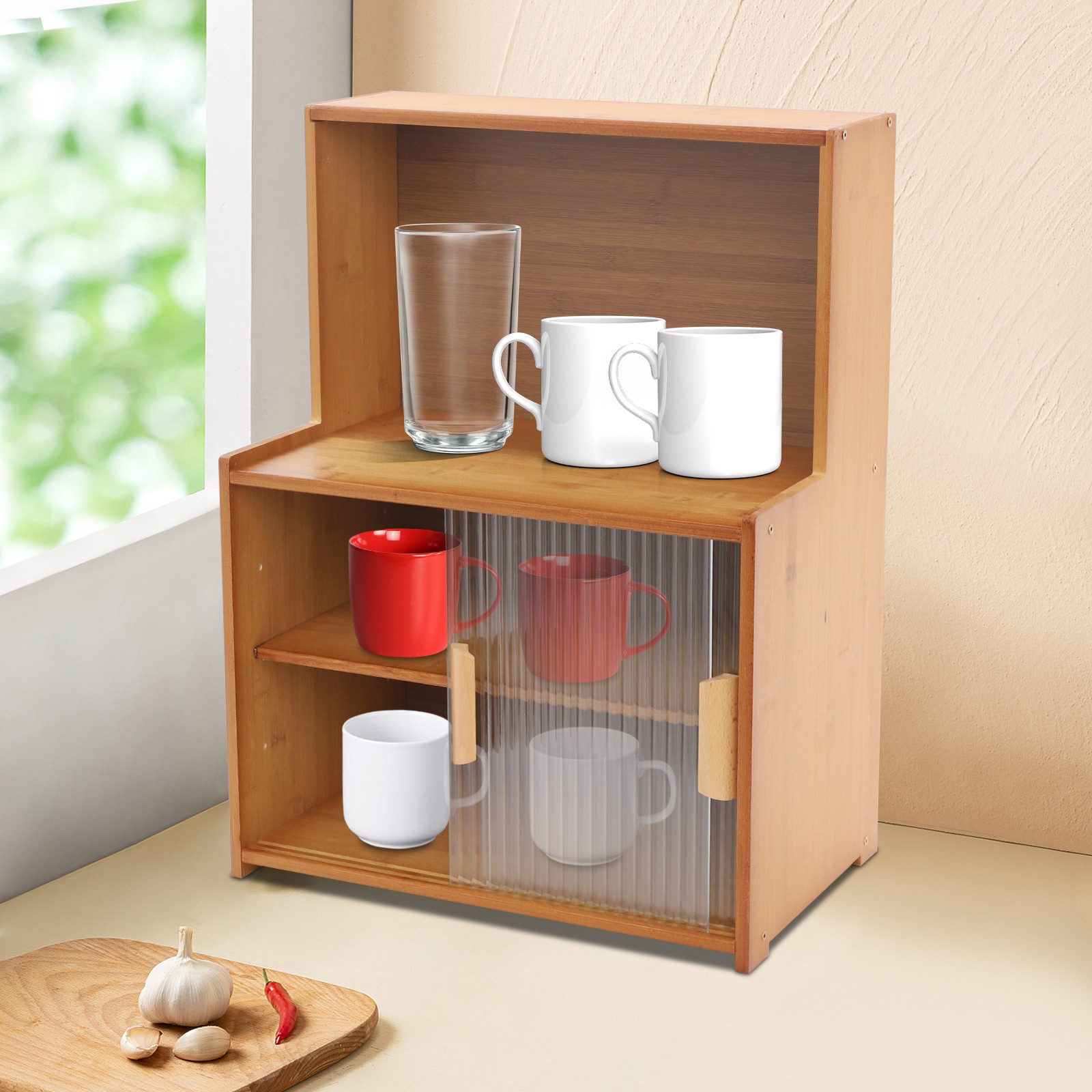 Kitchen Cabinet W/Sliding Doors Kitchen Storage Cabinet Adjustable Tier Height