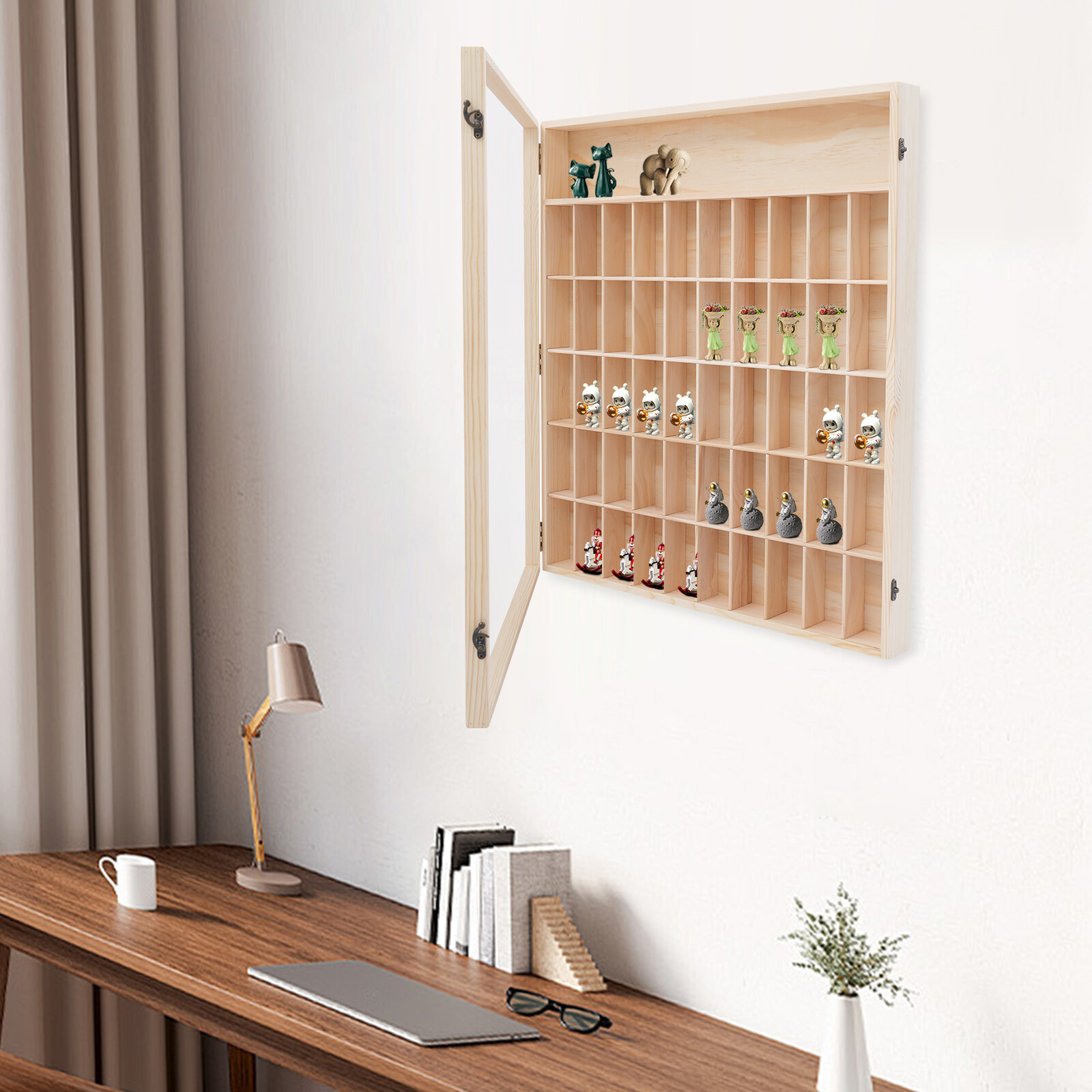Wooden Wall Mount Display Cabinet With Acrylic Door 50 Slots For Action Figures