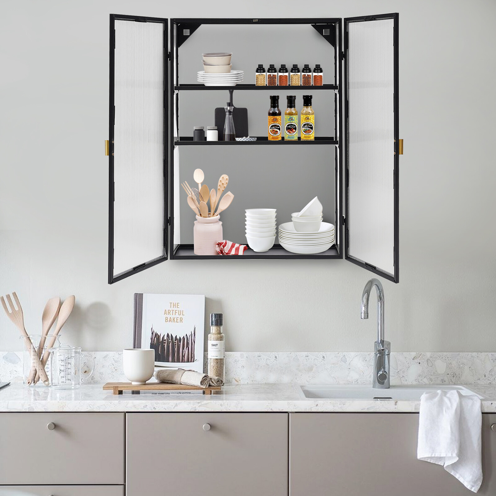 Wall Mount Cabinet Kitchen Storage Cupboard W/ Detachable Shelves and Glass Door