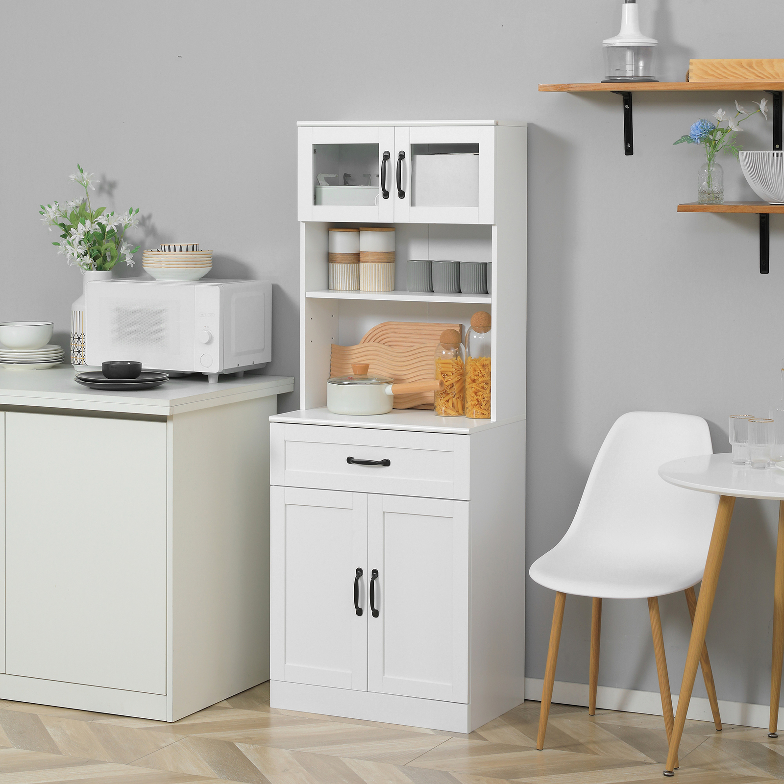 63.5″ Kitchen Pantry, Buffet Cabinet with Adjustable Shelf & Glass Doors, White