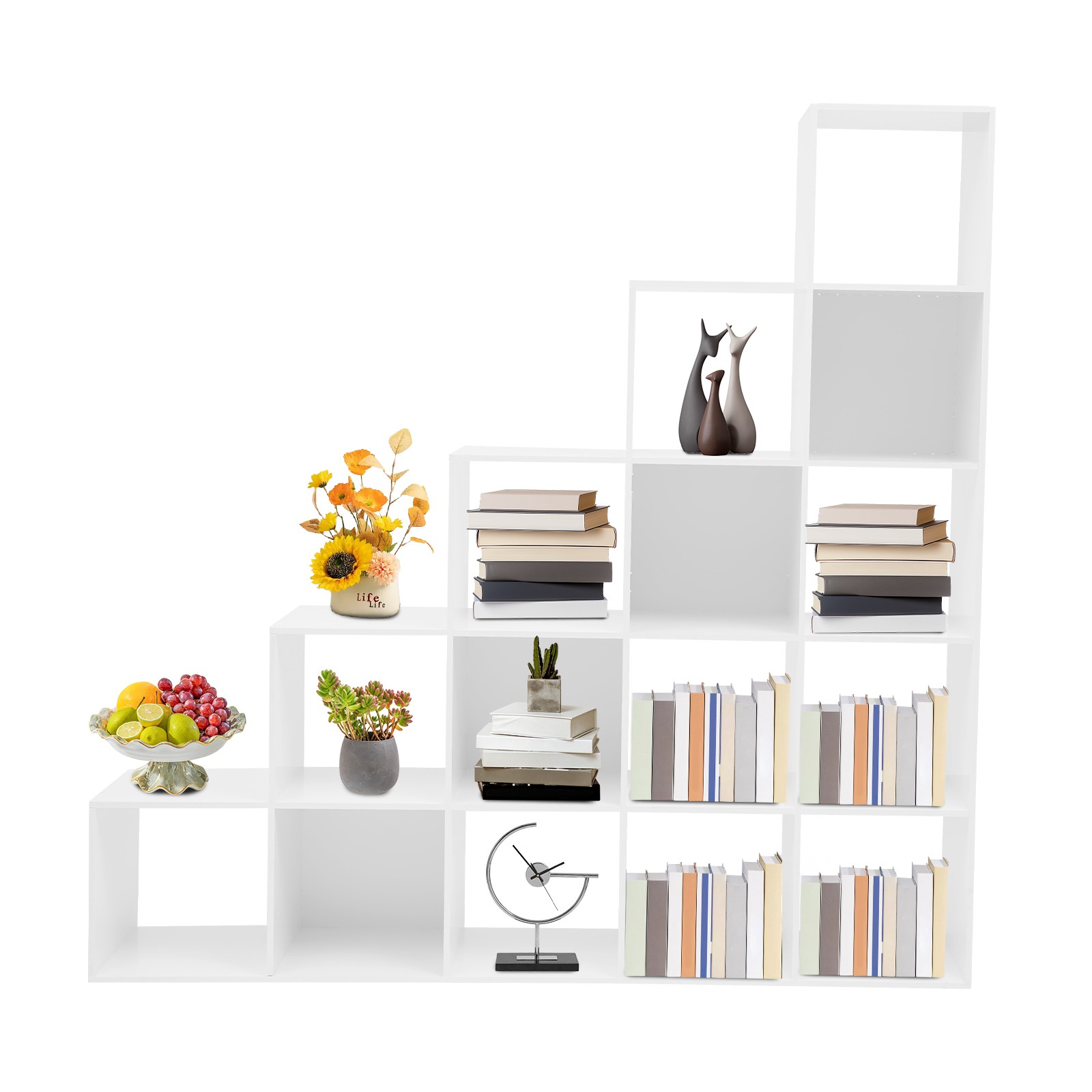 White Ladder Cube Storage Bookcase, L-Shaped Corner Shelf, 15-Cube Organizer