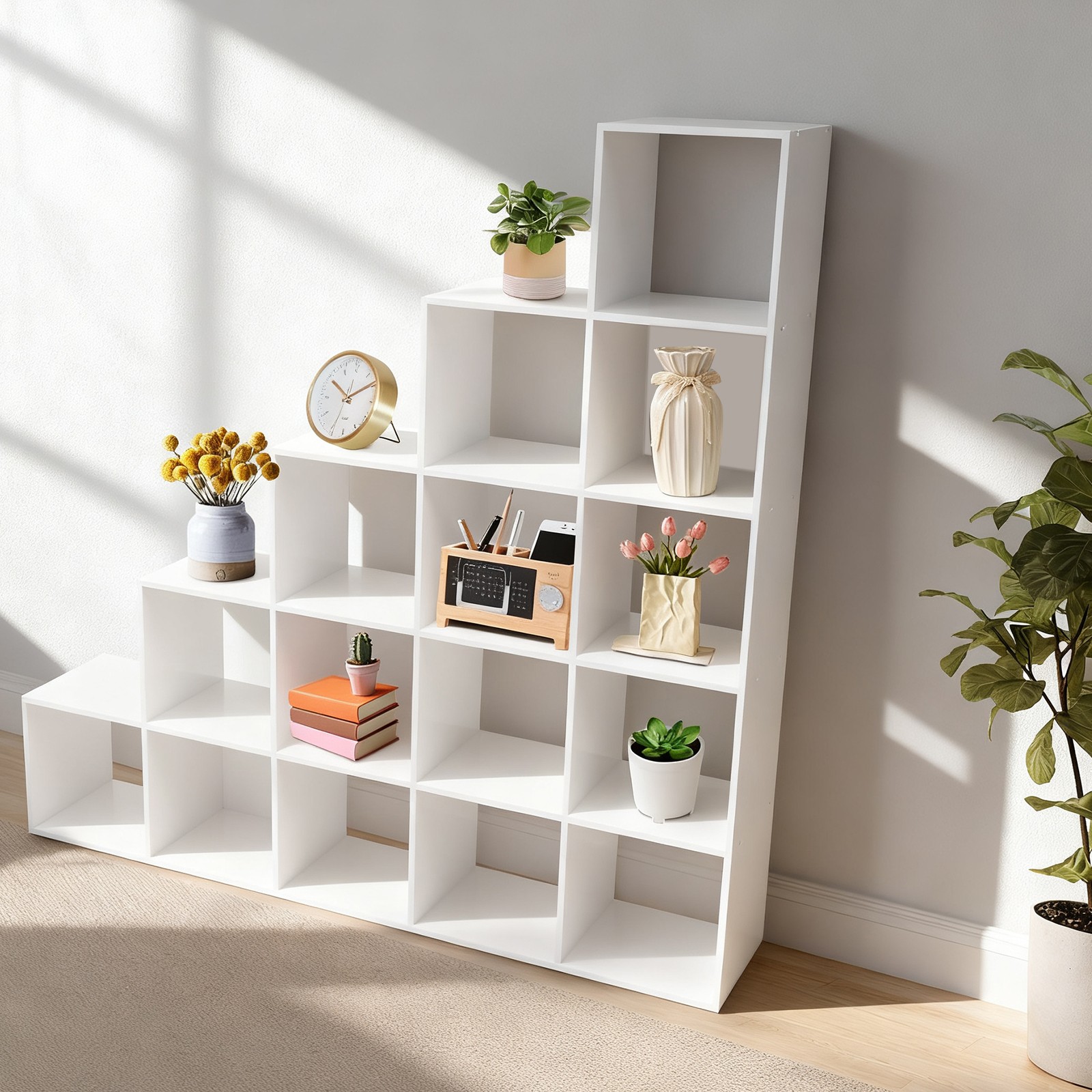 White Ladder Cube Storage Bookcase, L-Shaped Corner Shelf, 15-Cube Organizer