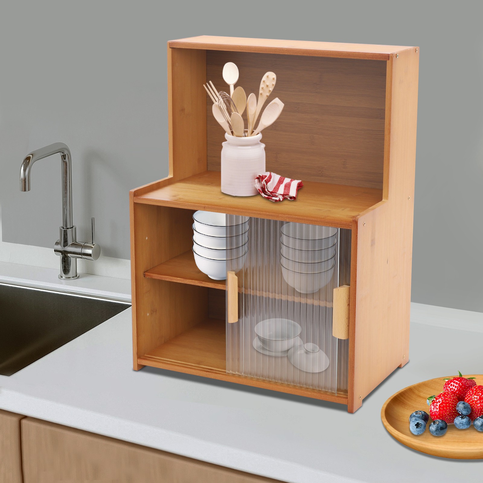 Kitchen Cabinet W/Sliding Doors Kitchen Storage Cabinet Adjustable Tier Height