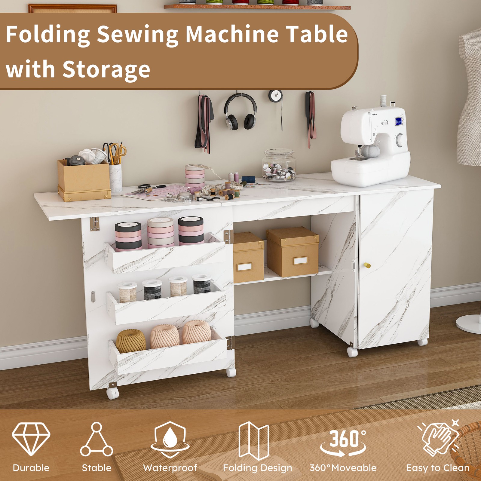 Foldable Sewing Machine Table,Adjustable Sewing Storage Cabinet with Shelves