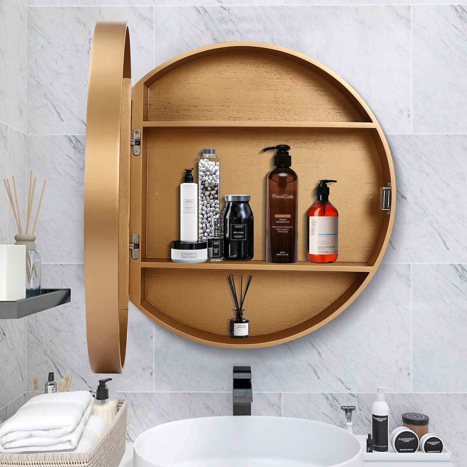 Round Gold Bathroom Mirror Cabinet Wall-mounted Organizer Makeup Mirror Cabinet