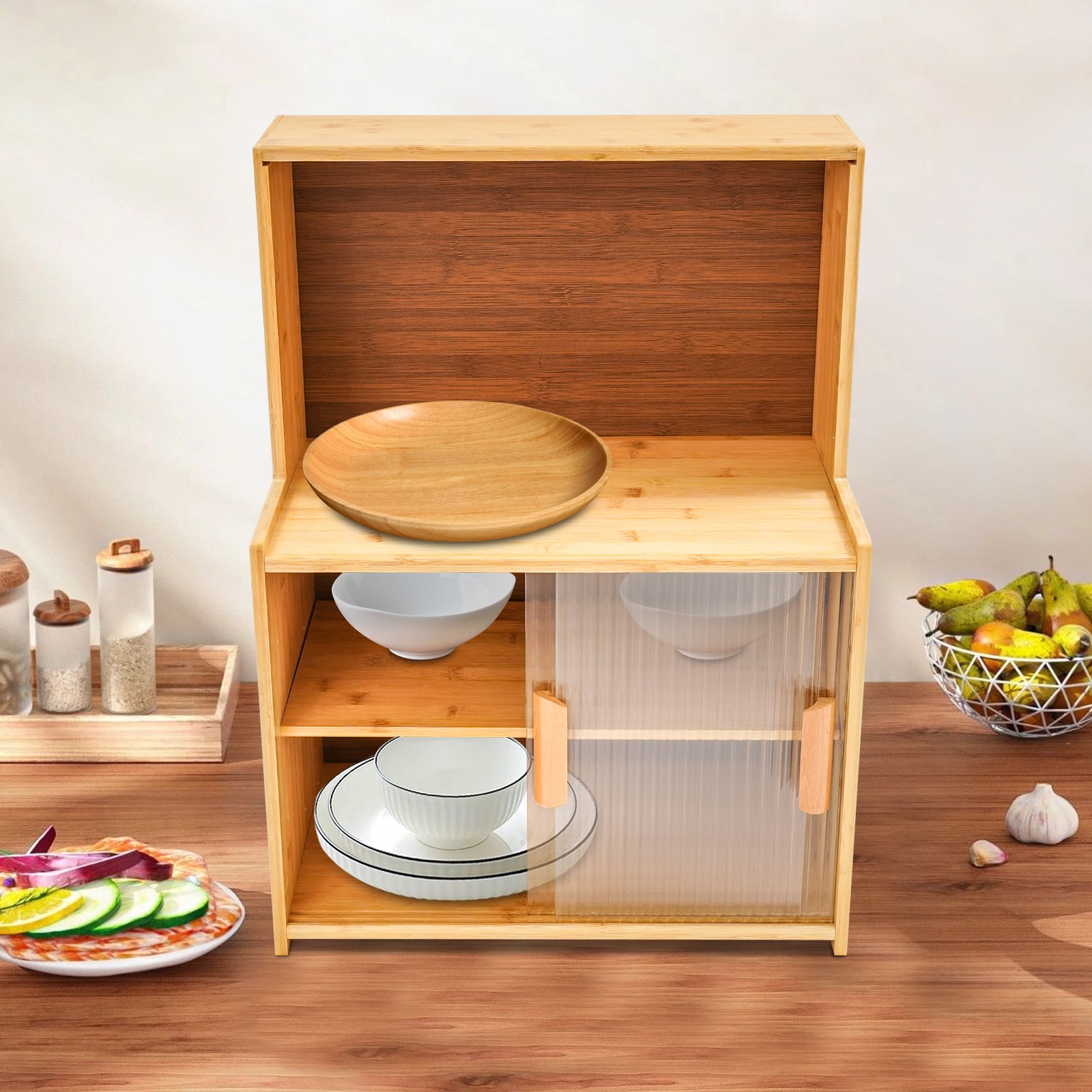 Log Color Kitchen Storage Cabinet W/sliding Doors Adjustable Tier Height Durable