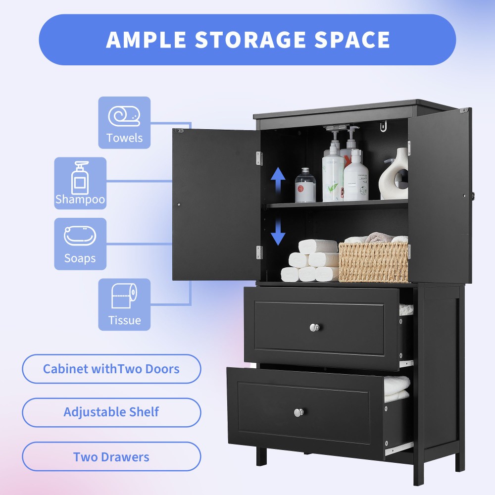 Bathroom Storage Cabinet, Cabinet W Two Doors Drawers Adjustable Shelf