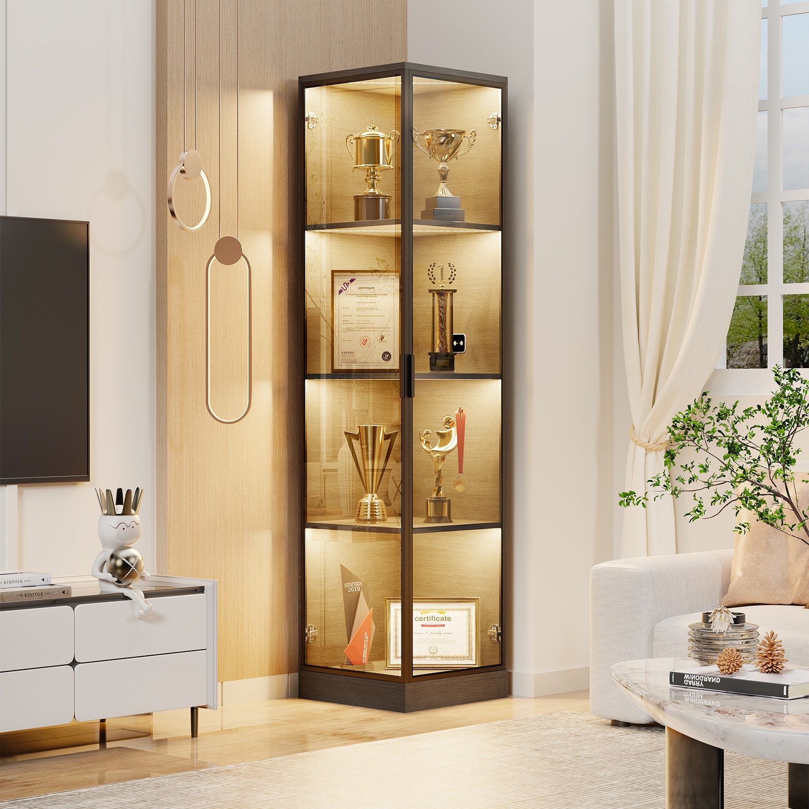 BROTTAR 4-Tier Corner Display Cabinet LED Lighted Curio Cabinet with Glass Doors