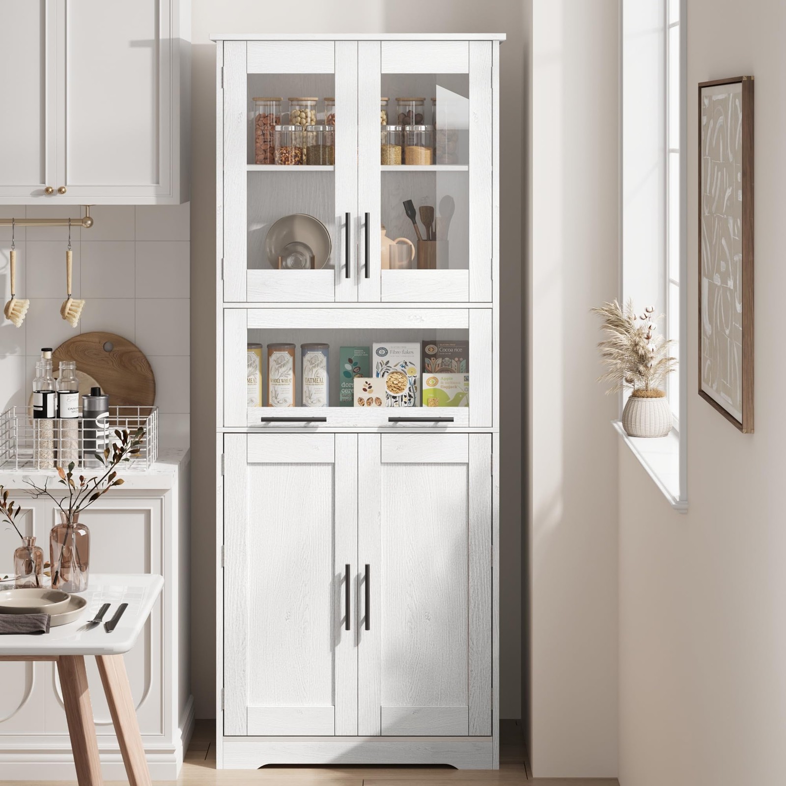 67″ Tall Bathroom Storage Cabinet, Freestanding Cabinet W/ Glass Doors & Shelves