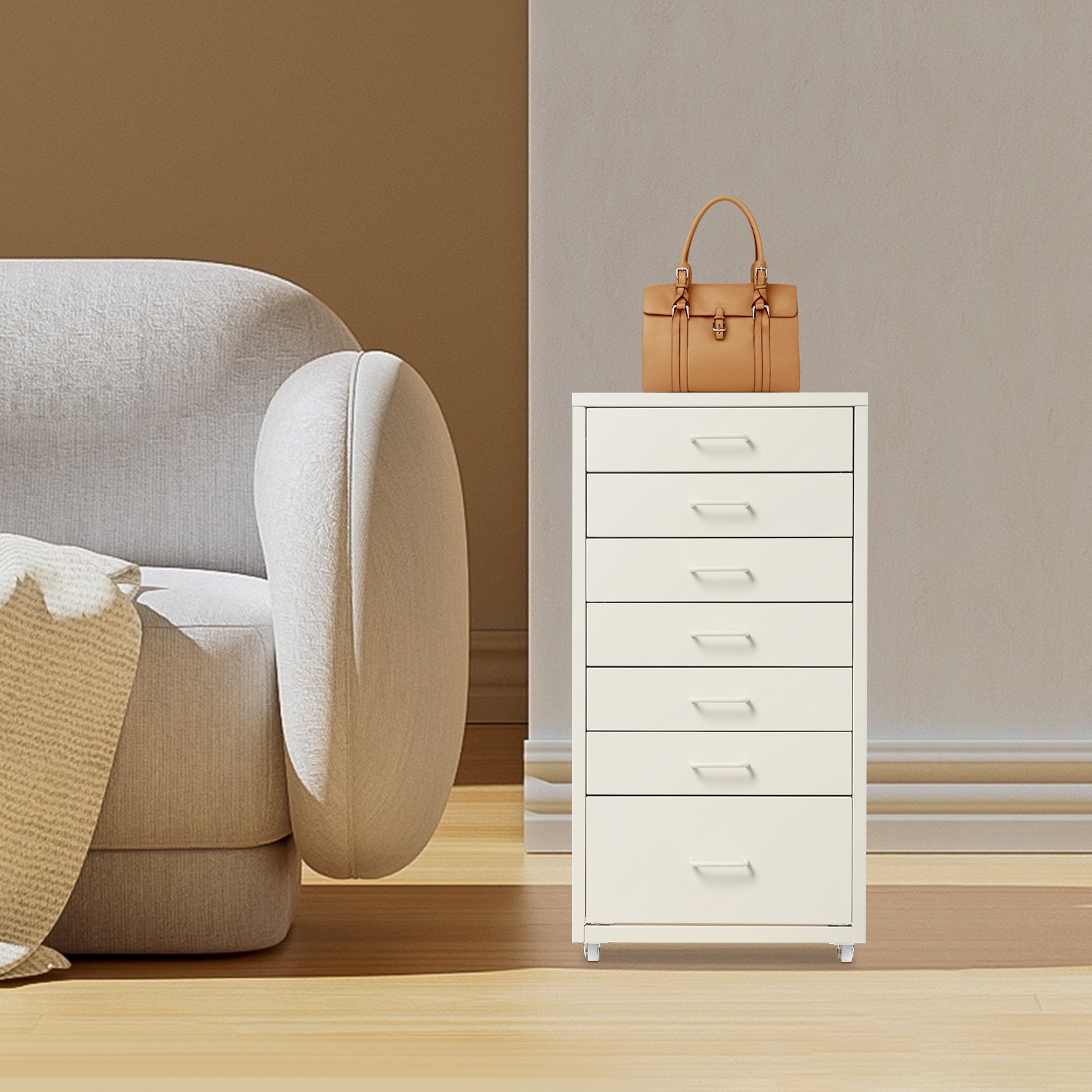 7 Drawers File Cabinet, 35*26*69cm Movable Bedside Table, Beige Storage Cabinet
