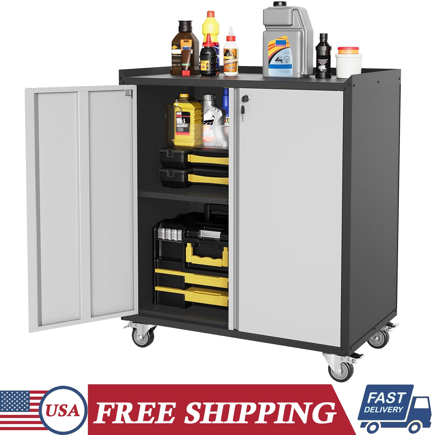 35″ Metal Rolling Garage Tool Storage Cabinet w/Locking Doors & Adjustable Shelf