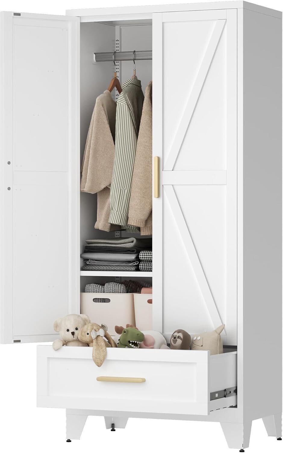 Elegro 71″H Metal Steel Wardrobe Cabinet With Drawer and Hanging Rod For Bedroom