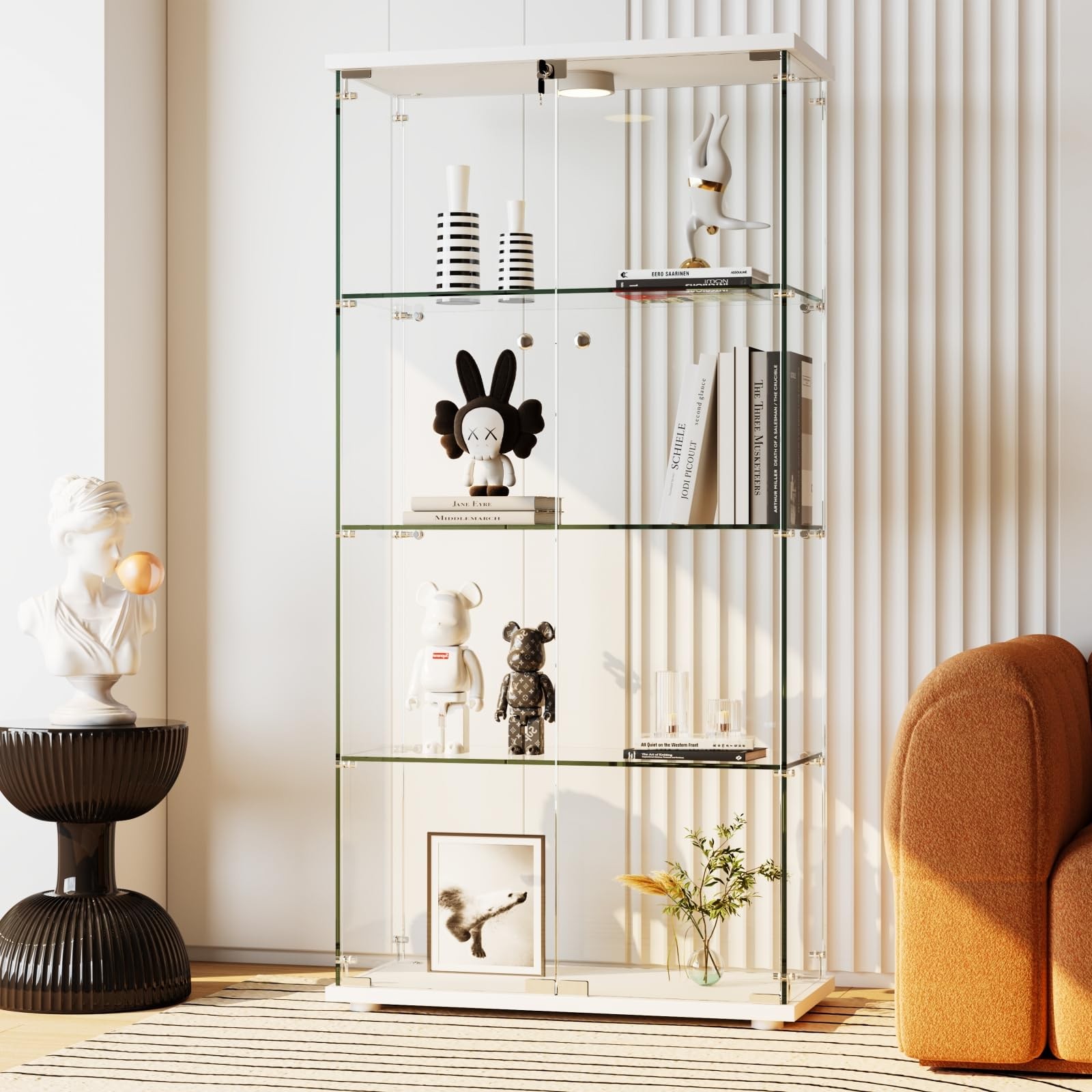4-Tier Tempered Glass Display Cabinet w/ Doors, Tall Curio Bookcase & LED Lights