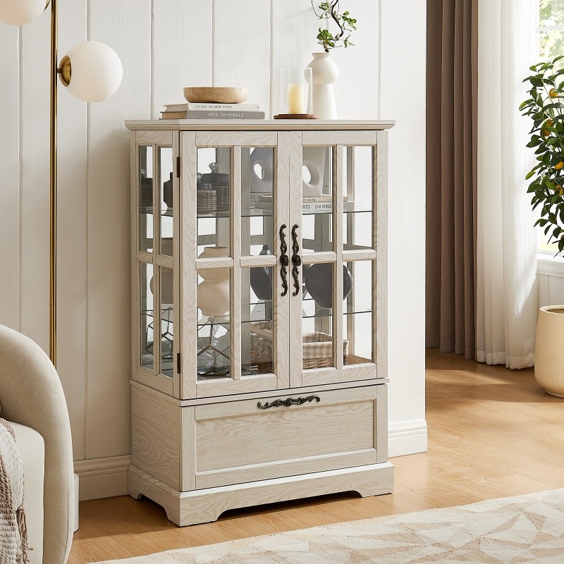 White Display Cabinet Bookcase with Full-Color RGB Light Strip & Flip-Top Drawer