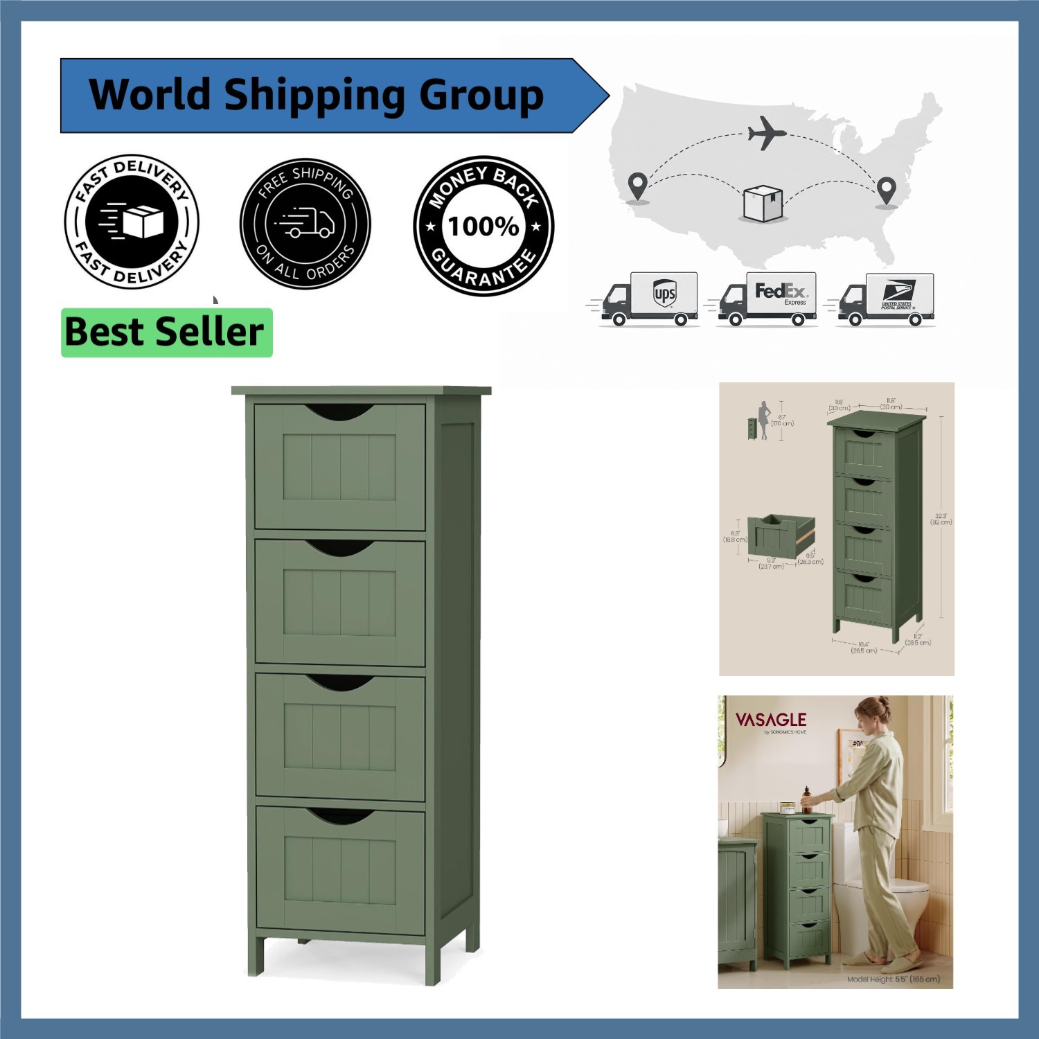 Versatile 4-Drawer Floor Storage Cabinet, 32.3″ H for Bathroom & Living Room