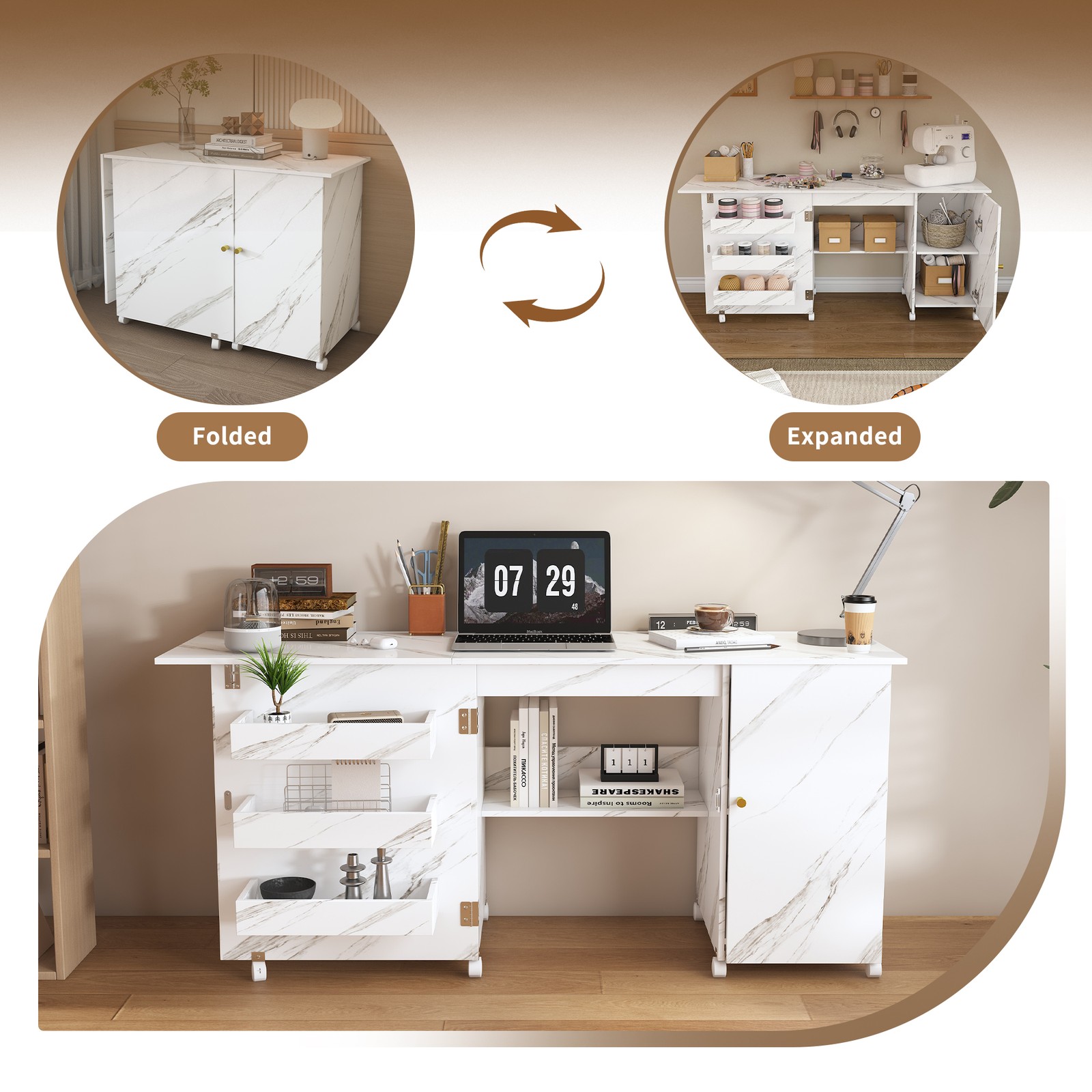 Foldable Sewing Machine Table,Adjustable Sewing Storage Cabinet with Shelves