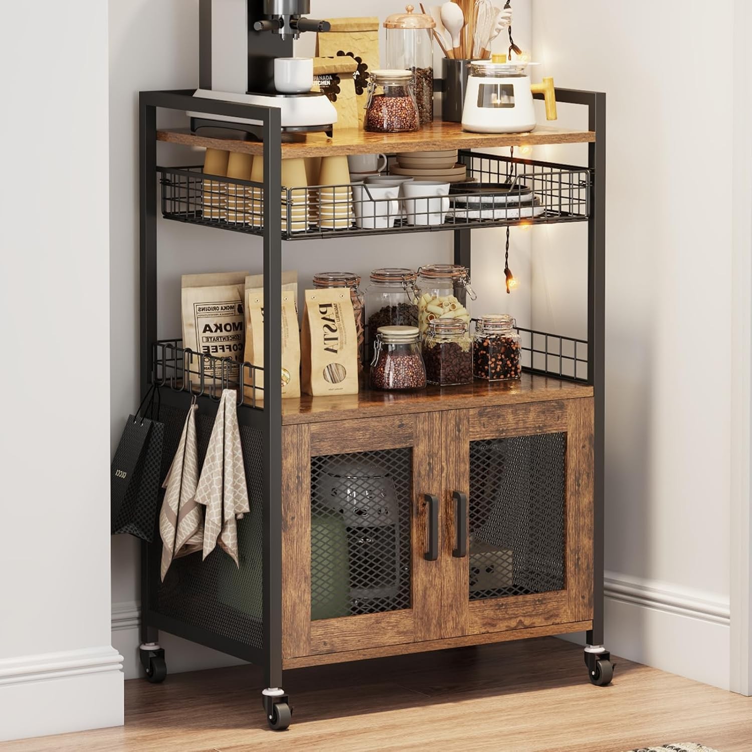 Coffee Bar Cabinet, 3 Tier Coffee Station Table on Wheels, 35.9″ H Bar Cart with