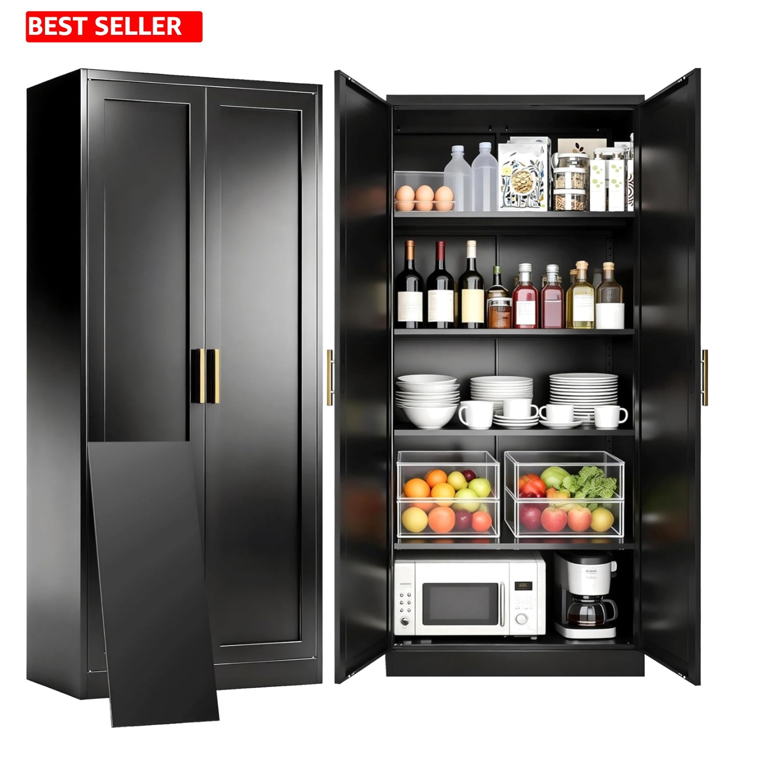 CJF Black Kitchen Pantry Cabinet,71″ Tall Metal Storage Cabinet with 4