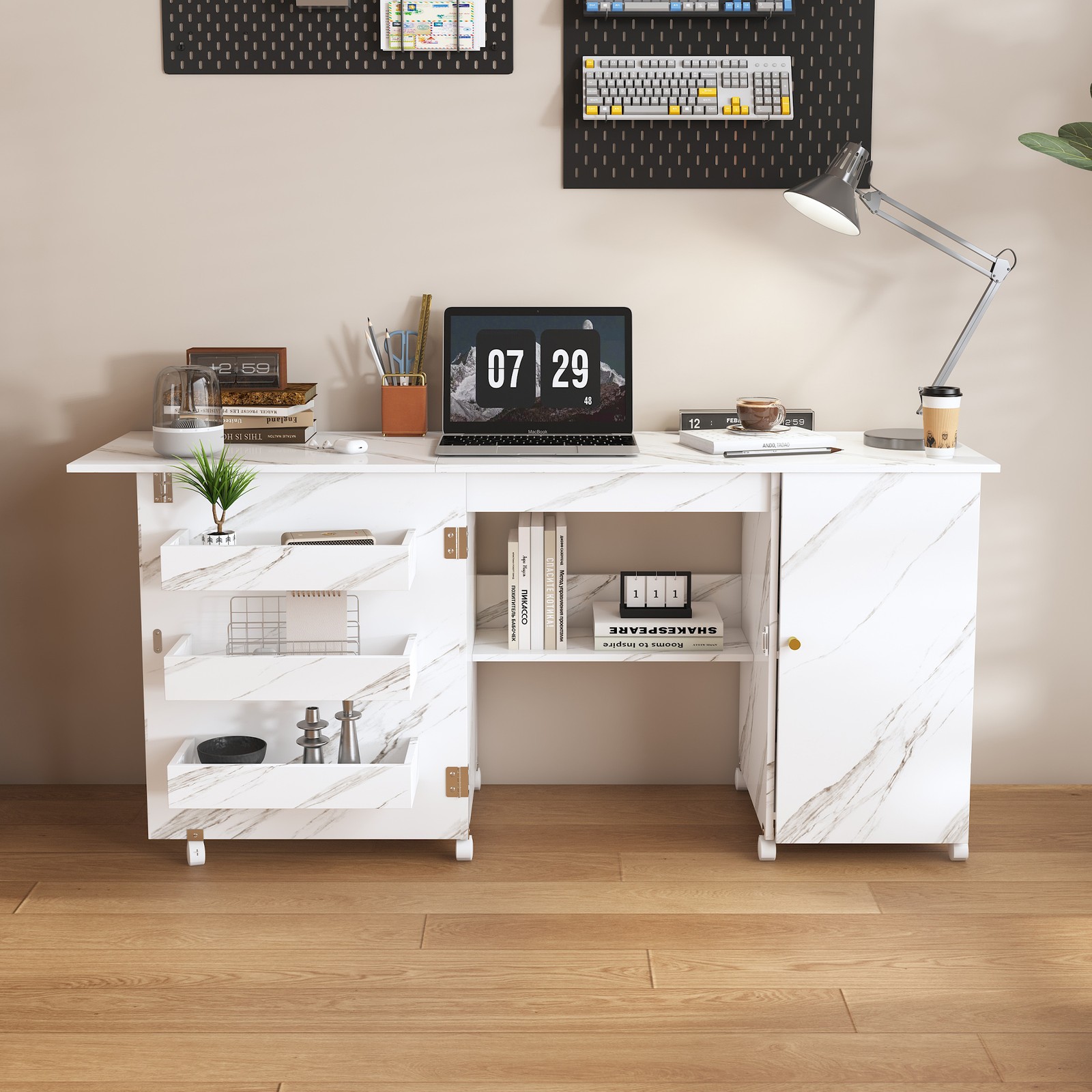 Foldable Sewing Machine Table,Adjustable Sewing Storage Cabinet with Shelves