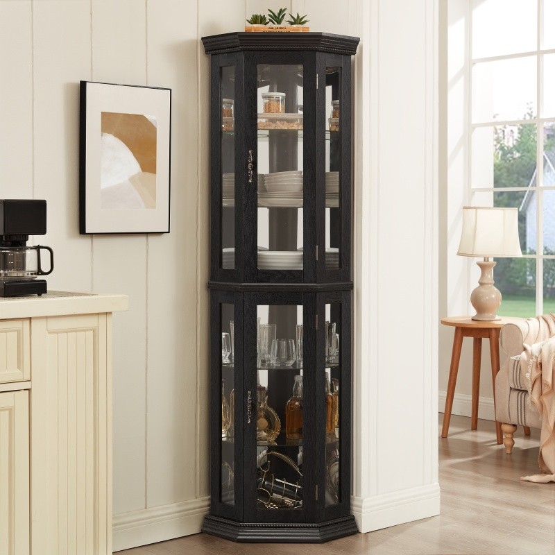 69.59″Lighted Corner Curio Cabinet 3-Side Glass Display Curio Cabinet Home Decor