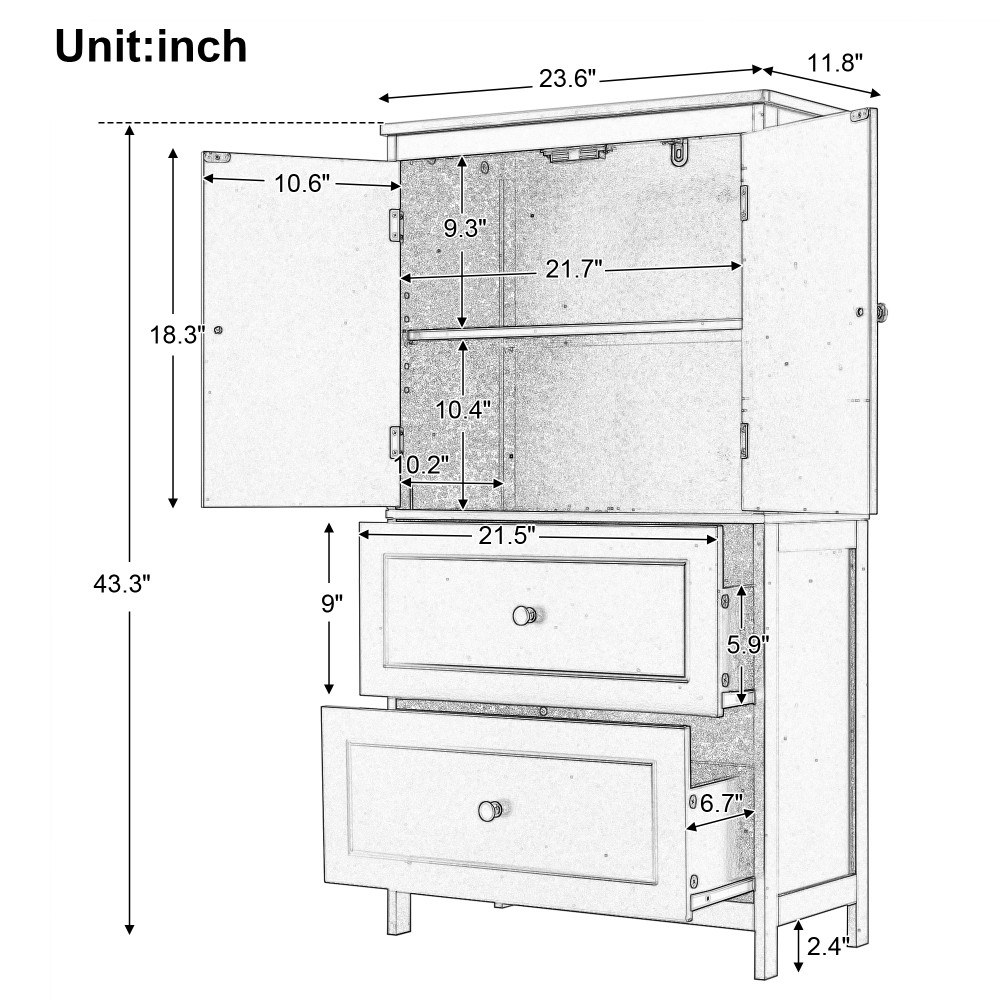Bathroom Storage Cabinet, Cabinet W Two Doors Drawers Adjustable Shelf