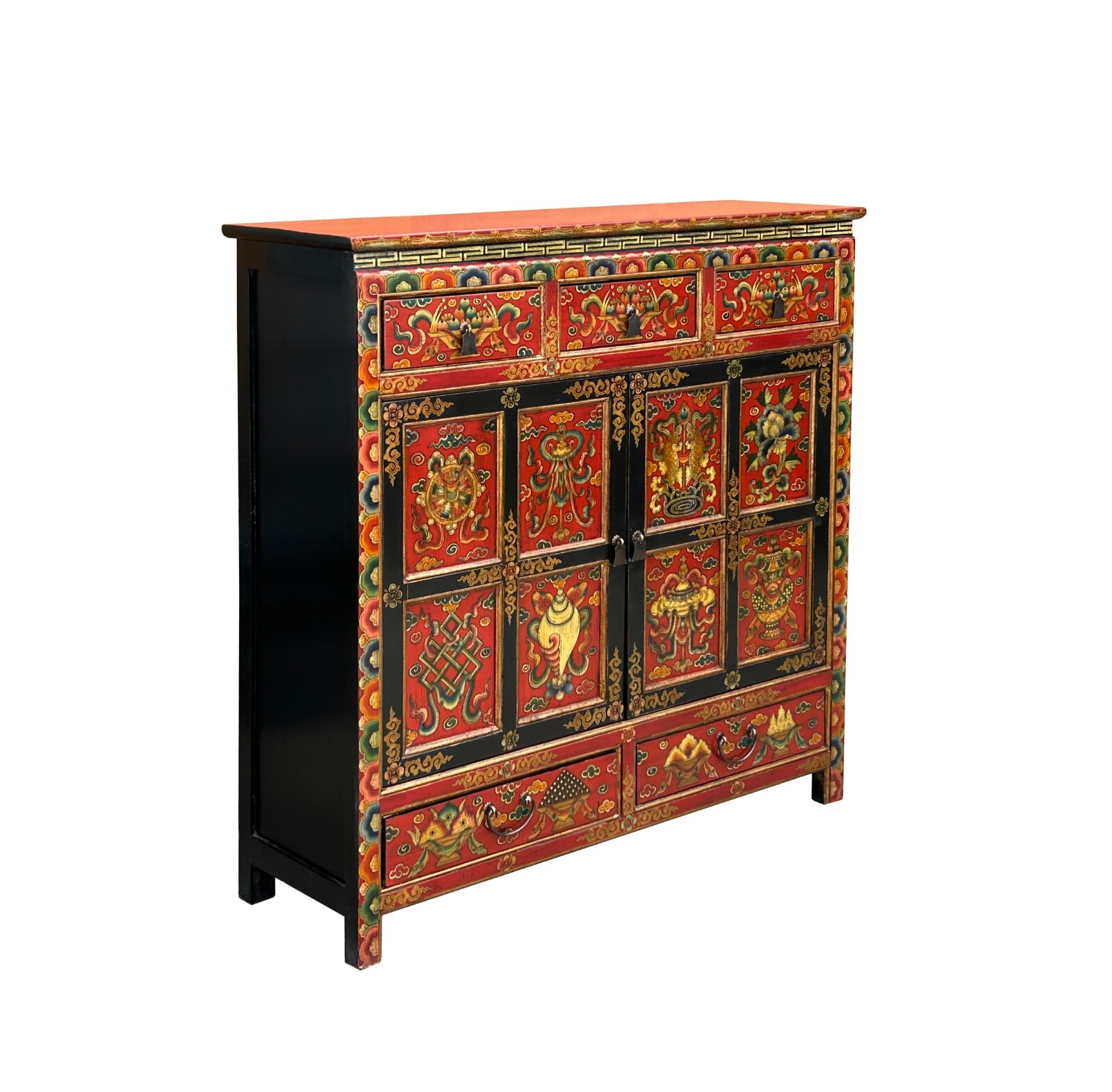 Tibetan Style 8 Auspicious Symbols Graphic Credenza Storage Cabinet ws4623