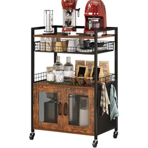 Coffee Bar Cabinet, 3 Tier Coffee Station Table on Wheels, 35.9″ H Bar Cart with