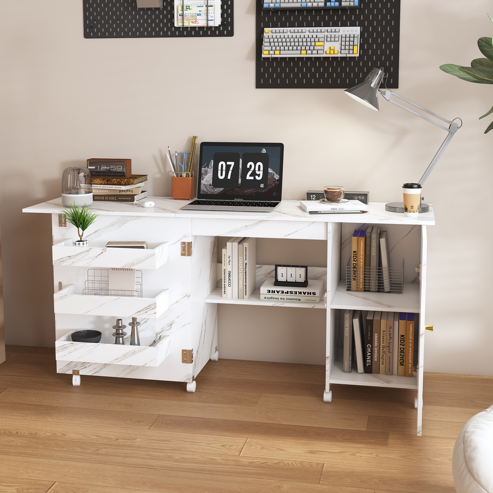 Foldable Sewing Machine Table,Adjustable Sewing Storage Cabinet with Shelves