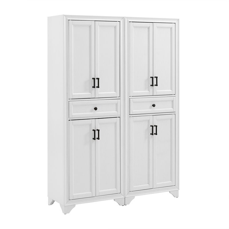 Crosley Furniture Tara Wood 4 Door Pantry Set in Distressed White (Set of 2)