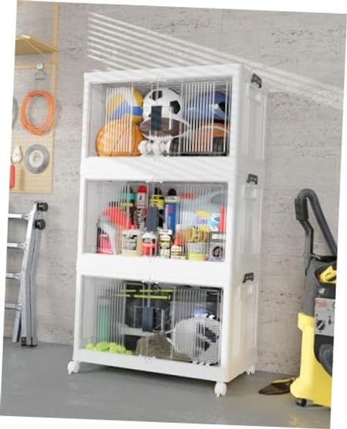 97QT Stackable Lockable Storage Bins with Lids – Folding Cabinet with Doors &