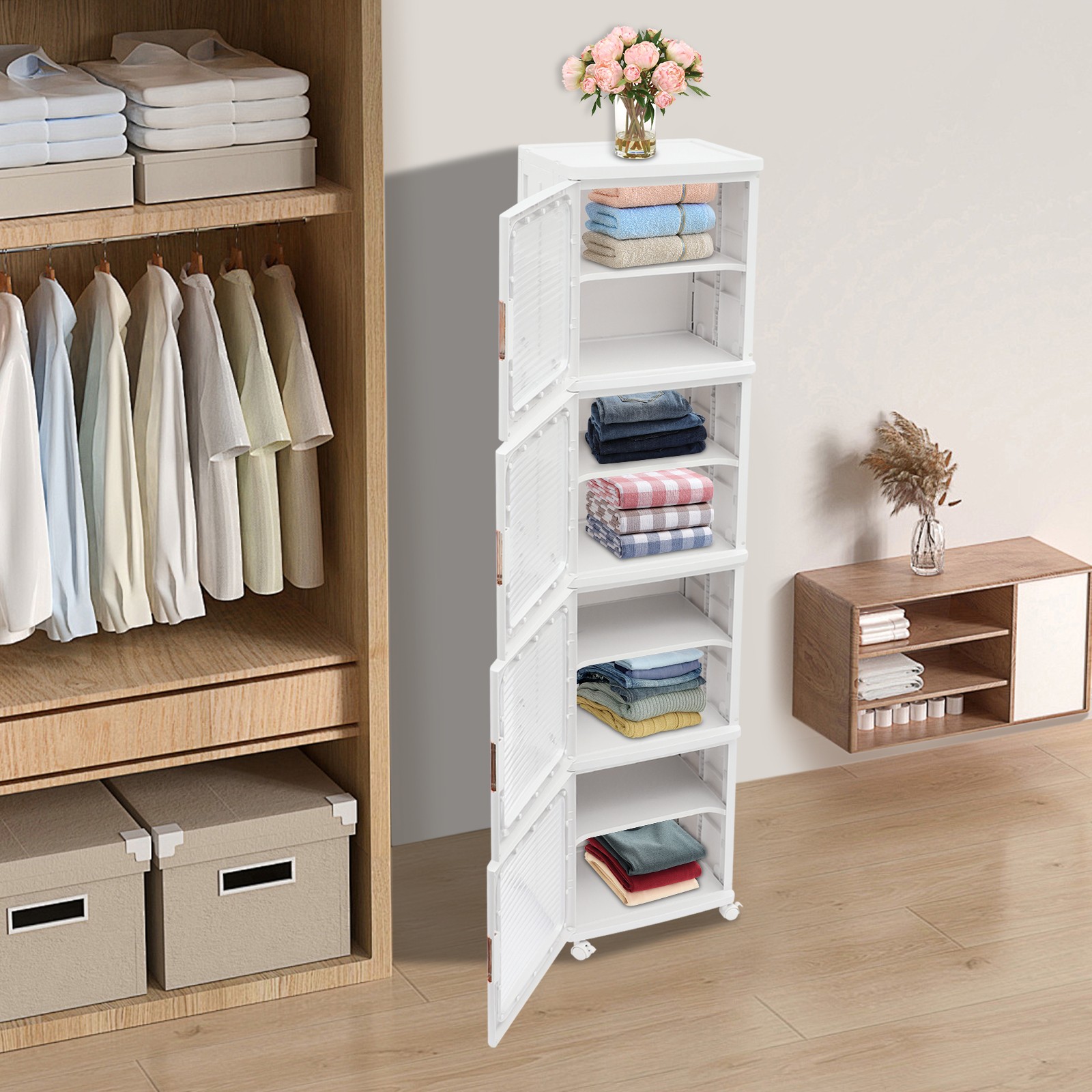 4-Tier Tall Narrow Storage Cabinet Organizer, Slim Bathroom Cabinets with Doors