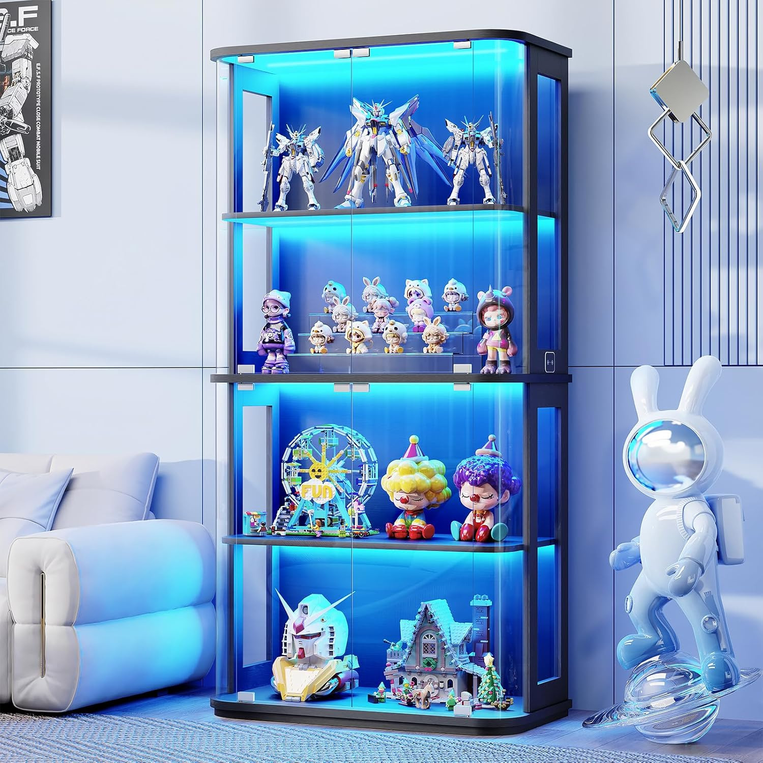 Rounded Display Cabinet with Glass Door, 4-Tier Curio Cabinet with Transparent F