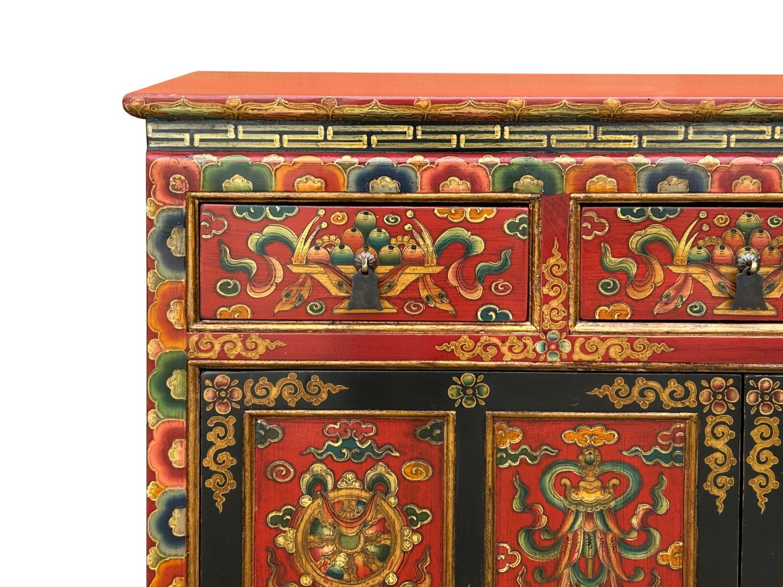 Tibetan Style 8 Auspicious Symbols Graphic Credenza Storage Cabinet ws4623