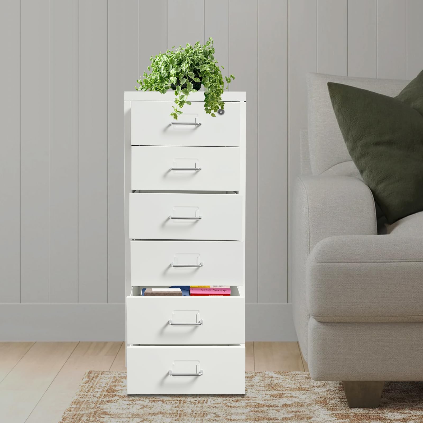6 Drawer Vertical File Cabinet Rolling Wheels Cold Rolled Steel 27 Inch White