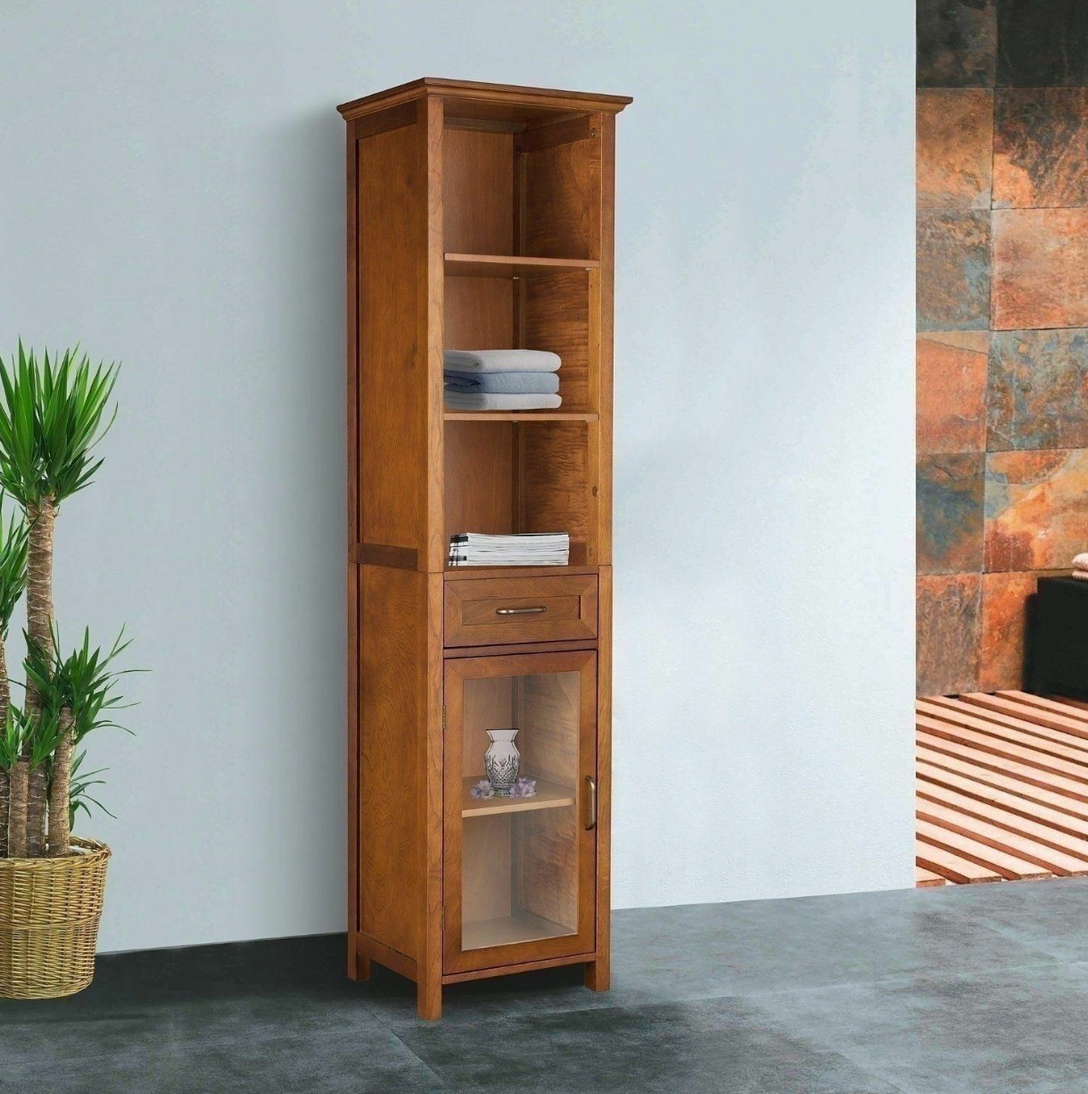 Oak Finish Wooden Linen Tower Storage Cabinet Tall Organizer Bathroom Towel Door