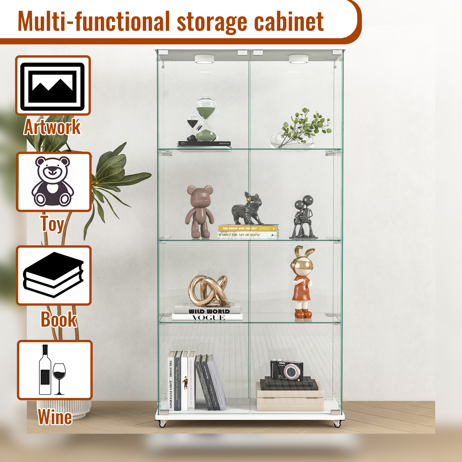Glass Display Cabinet with LED Lights Modern Collectibles Toy Organizers Rack