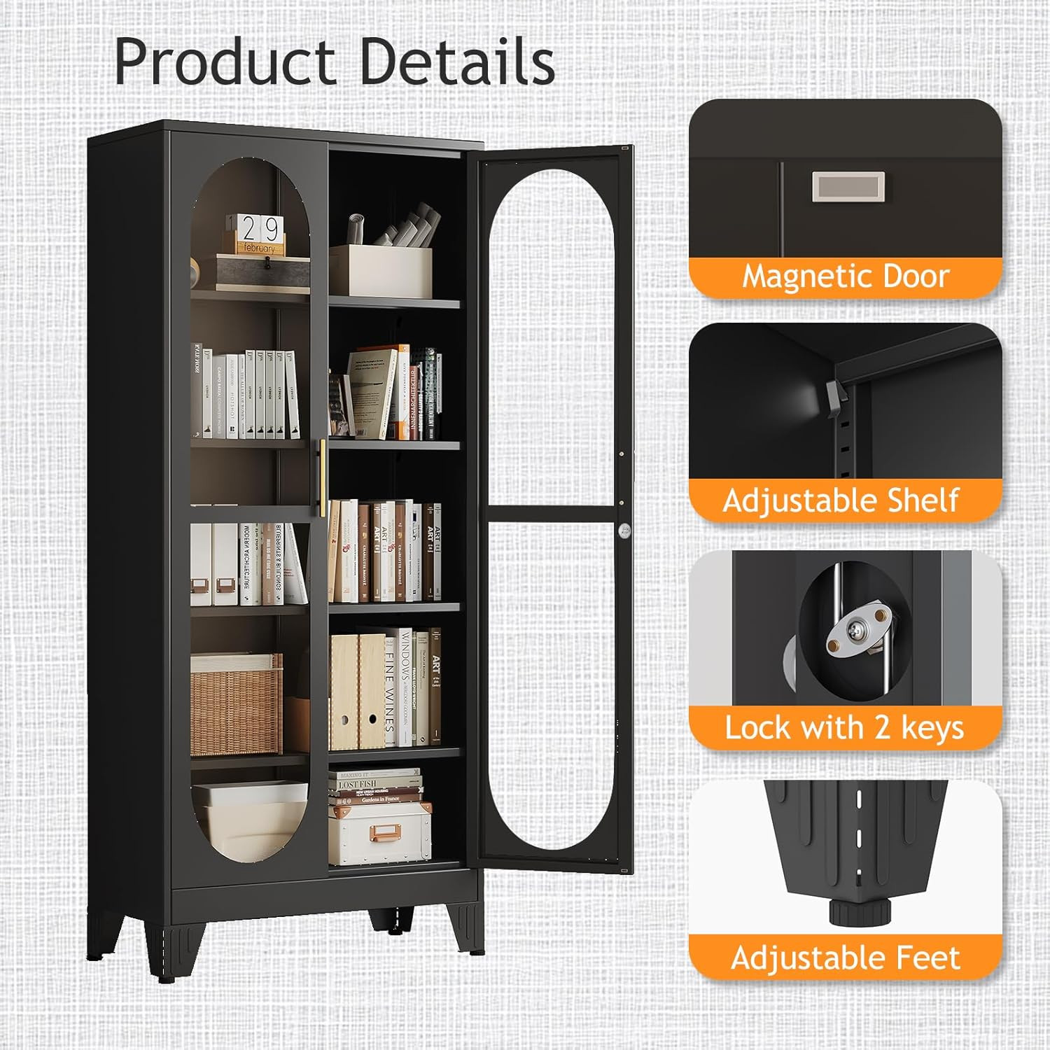 PAOFIN 71″ H Locking Display Cabinet with Glass Door, Metal Curio Cabinets with