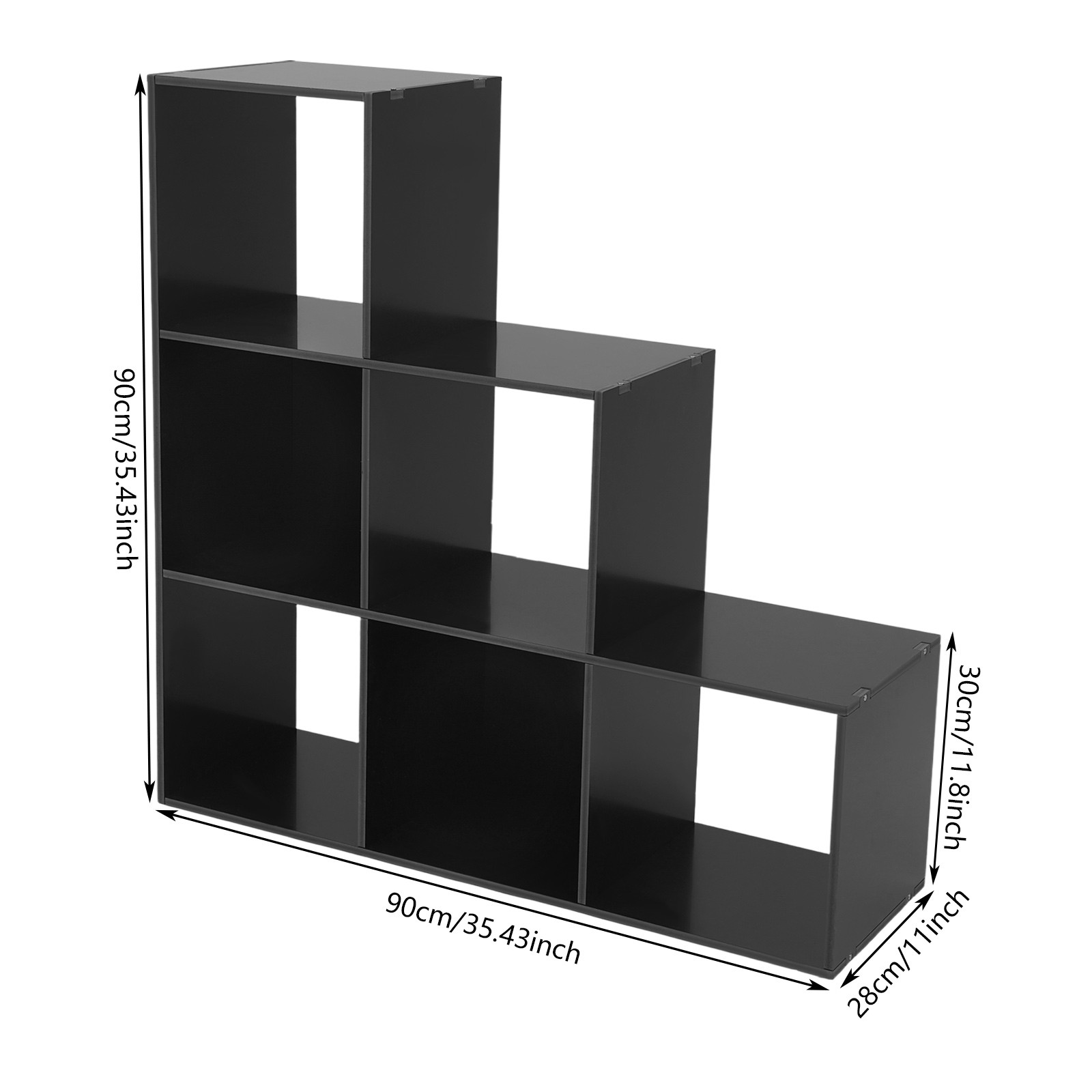 Black 6-cube L-shaped Storage Bookcase Freestanding L-shaped Stepped Bookcase