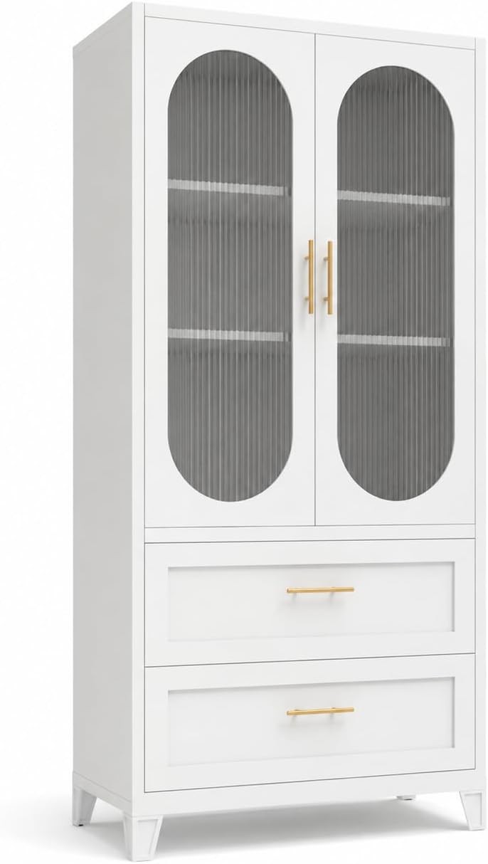 74″ H Storage Cabinet, Freestanding Pantry Cabinet, Frosted Glass Doors, Fluted