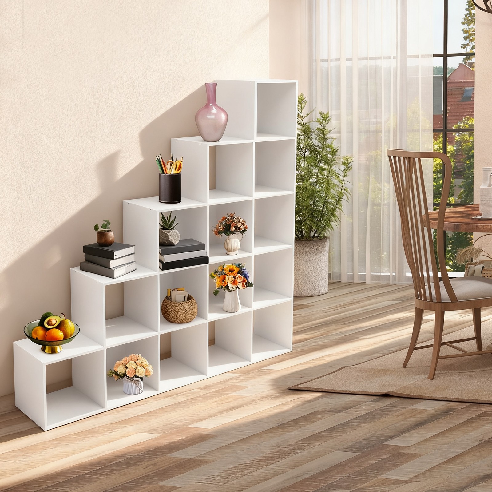 White Ladder Cube Storage Bookcase, L-Shaped Corner Shelf, 15-Cube Organizer