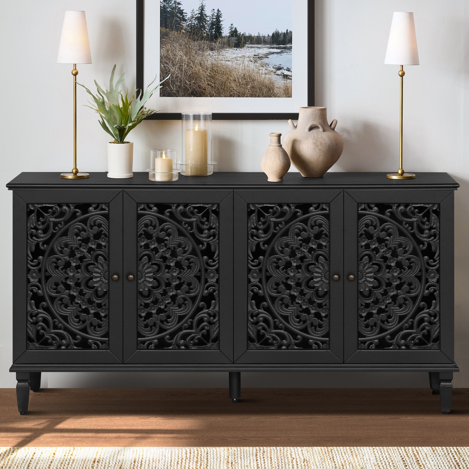 Antique Sideboard Buffet, 60″ Floral Carved Cabinet w/Solid Wood Legs & Shelves