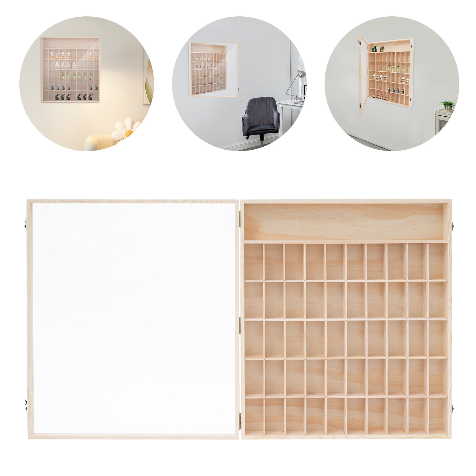 Wooden Wall Mount Display Cabinet With Acrylic Door 50 Slots For Action Figures