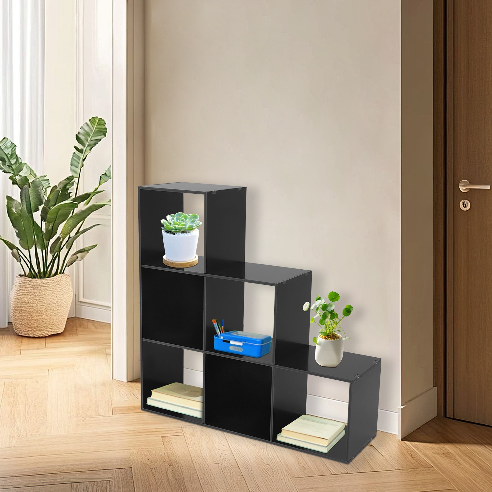 Black 6-cube L-shaped Storage Bookcase Freestanding L-shaped Stepped Bookcase