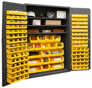 Durham 3502-138-3S-95, Cabinet with 138 Yellow Bins and 3 Shelves, 48″x24″x72″