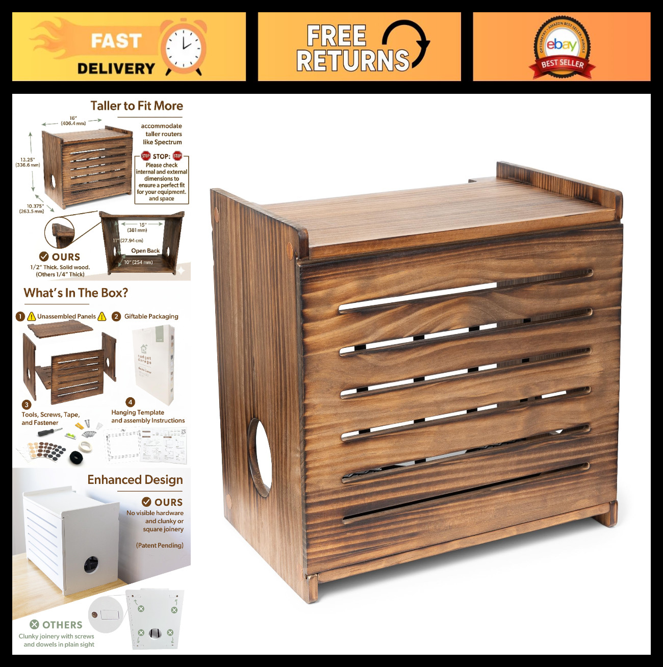 WiFi Router Storage Cabinet – Hides Router & Cables, Pine Wood, Dark Oak, Wall M