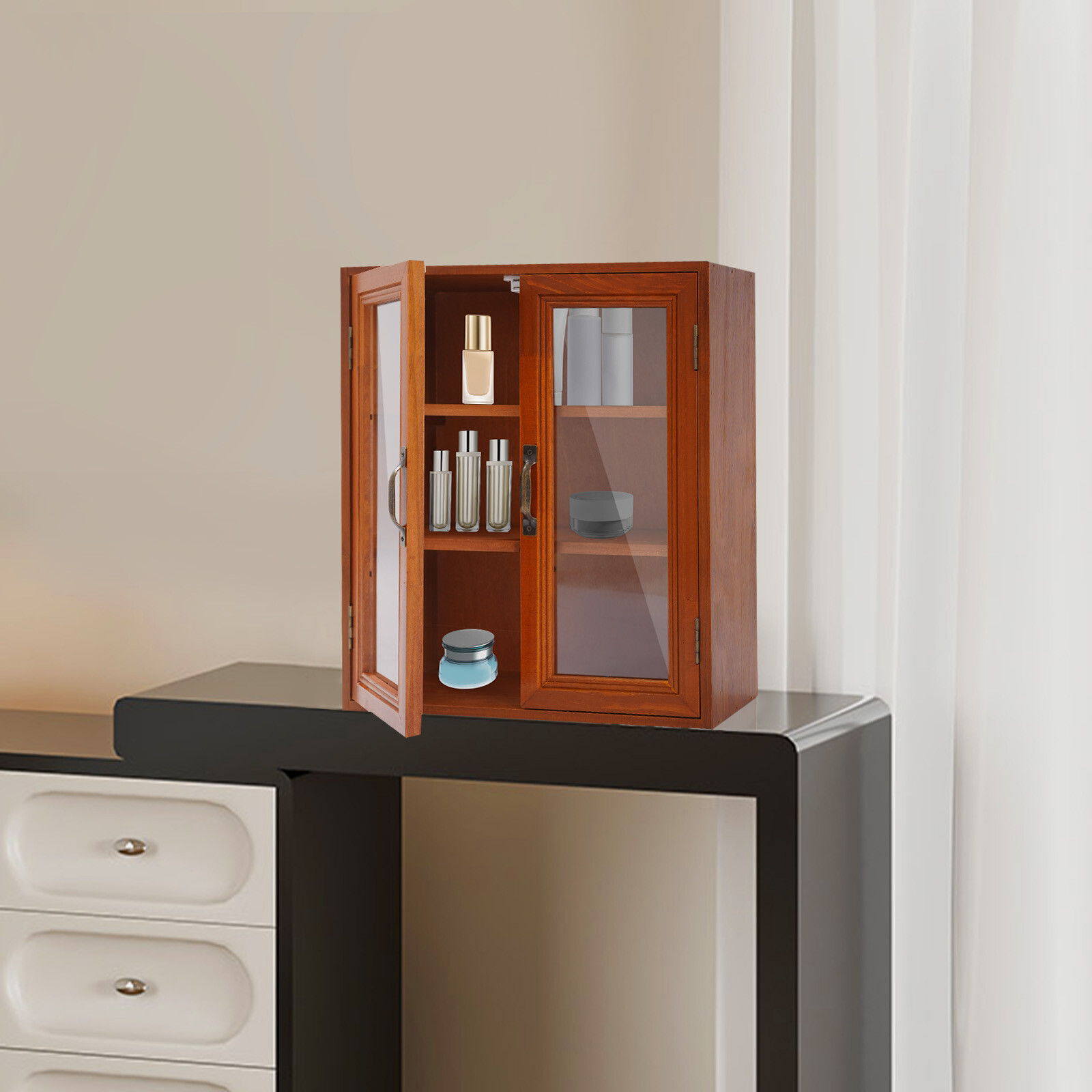 Wooden Cabinet Storage Organizer Clear Magnetic Doors 3 Tier Home Storage Shelf