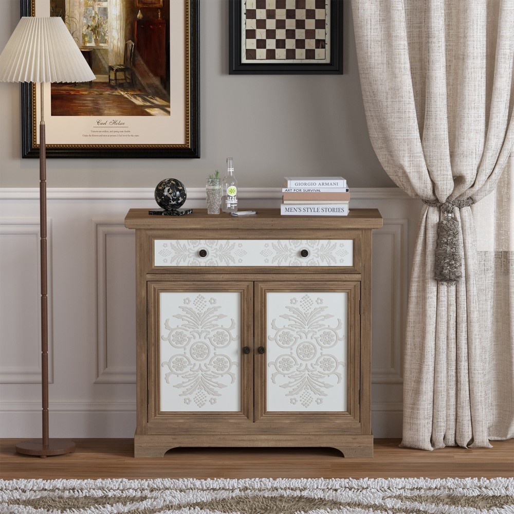 Decorative cabinet Features carved floral panels Includes drawers W double doors