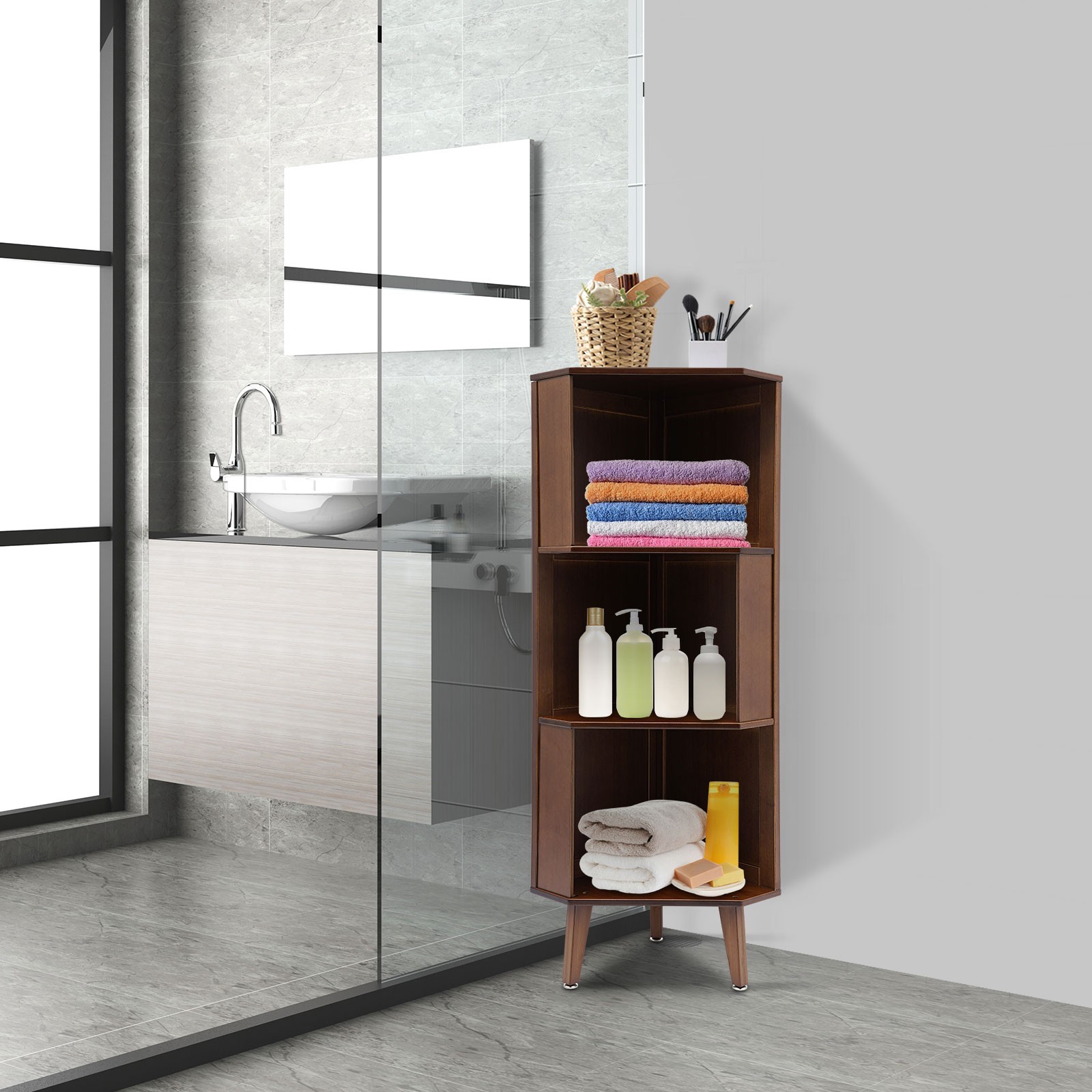 33*115cm/13*45.3 Inch Three-tier Brown Storage Cabinet Corner Storage Shelf US！